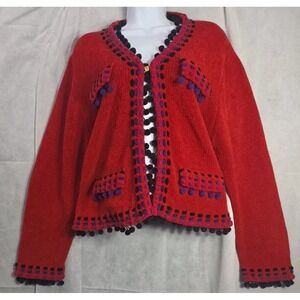 Vintage Christina Rotelli Cardigan Sweater Red W/ Black Pom Poms Embroidered